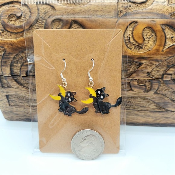 Black Kitty Cat Hugging Moon Earrings - Picture 2 of 2